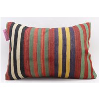 Gestreiftes Kelimkissen Handgemachtes Aus Wolle Boho-Dekor Bio-Wolle 16x24 Kissenbezug No 924 von TurkishRugOutlet