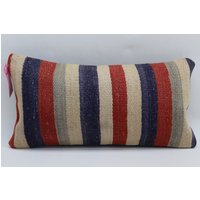 Türkisch Gestreifter Kelim Kissenbezug Boho Kissen Lendenkissen Naturwolle Dekokissen 10x50cm No 1509 von TurkishRugOutlet