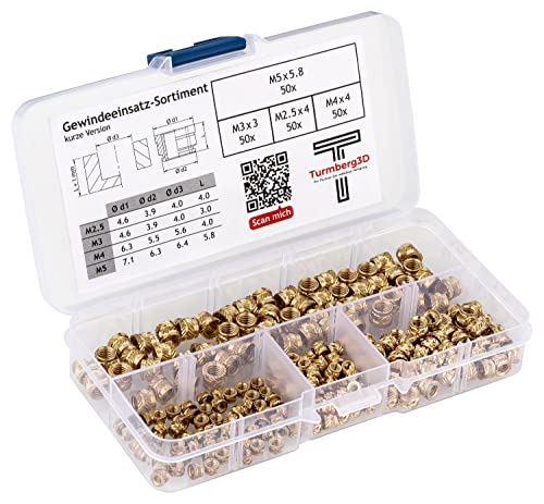 Turmberg3D - Gewindeeinsatz Sortiment kurz M2.5 / M3 / M4 / M5 (50/50/50/50 Stück) (Sortimentsbox kurz) von Turmberg3D