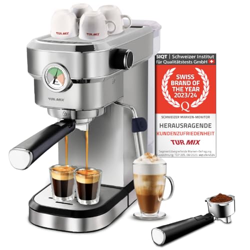 TURMIX Espressomaschine TX 590 - Siebträgermaschine Edelsthal, 20 Bar-Kaffeemaschine mit milchschäumer, 17 cm breit, 1350W 1,1L Wassertank, Beheizte Tassenabstellfläche von Turmix