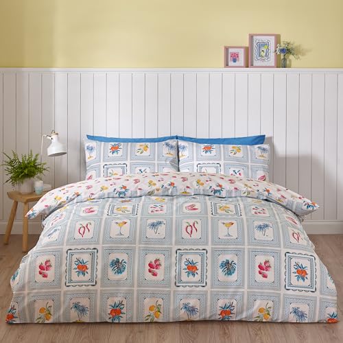 Catherine Lansfield Riviera Tiles Wende-Bettwäsche-Set mit Kissenbezügen, für Kingsize-Bett, Blau von Turner Bianca