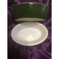 Zwei Kleine Halle Auflaufform Geschirr Braun Und Grün Vintage von TurtlehatStudio