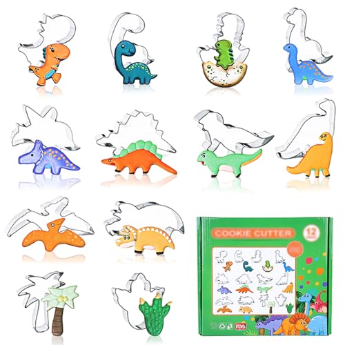 Dinosaurier Plätzchen Ausstecher Set Kinder, 12 Stück Edelstahl Dino Keksausstecher Groß, DIY Fondant Plätzchenausstecher Keksschneider Set für Kinder Geburtstag Dino Party Deko von TuseRxln