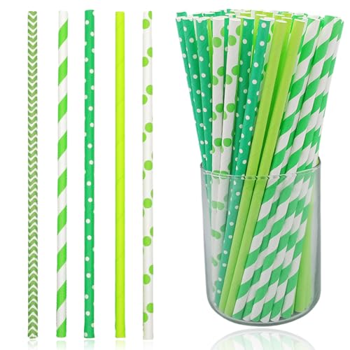 TuseRxln Grüne Strohhalme Papier Trinkhalme, 100 Stück Trinkhalme Papier, Biologisch Abbaubare, Grün und Weiß Gestreift, Papierstrohhalme, Geeignet für Anlässe wie Partys und Hochzeiten. von TuseRxln