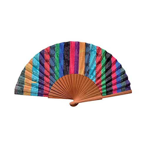Spanischer Handfächer Bambalinas – Holz und Baumwolle – 23 cm – Etui und Hülle aus Jute – Modeaccessoire – Handgefertigt in Spanien – Events und Geschenke – Patchwork-Kollektion – Tusitala Barcelona von Tusitala Barcelona