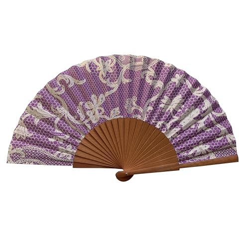 Spanischer Handfächer Bolillo Malva–Holz und Baumwolle–23 cm–Etui und Hülle aus Jute–Modeaccessoire–Handgefertigt in Spanien–Events und Geschenke–Traditionskollektion–Tusitala Barcelona von Tusitala Barcelona