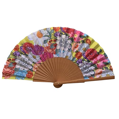 Spanischer Handfächer Flora – Holz und Baumwolle – 23 cm – Etui und Hülle aus Jute – Modeaccessoire – Handgefertigt in Spanien – Events und Geschenke – Blumenkollektion – Tusitala Barcelona von Tusitala Barcelona