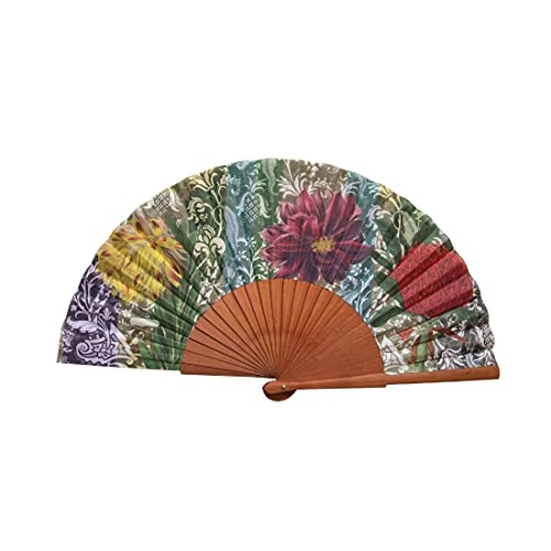 Spanischer Handfächer Flores – Holz und Baumwolle – 23 cm – Jute-Hülle und -Bezug – Modeaccessoire – Handgefertigt in Spanien – Events und Geschenke – Patchwork-Kollektion – Tusitala Barcelona von Tusitala Barcelona
