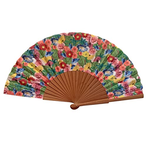 Spanischer Handfächer Frida – Holz und Baumwolle – 23 cm – Etui und Hülle aus Jute – Modeaccessoire – Handgefertigt in Spanien – Events und Geschenke – Blumenkollektion – Tusitala Barcelona von Tusitala Barcelona