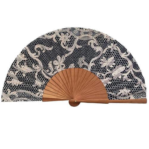 Spanischer Handfächer Bolillo Negro–Holz und Baumwolle–23 cm–Etui und Bezug aus Jute–Modeaccessoire–Handgefertigt in Spanien–Events und Geschenke Traditions kollektion–Tusitala Barcelona von Tusitala Barcelona