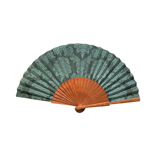 Spanischer Handfächer Damasco Verde–Holz und Baumwolle–23 cm–Etui und Bezug aus Jute–Modeaccessoire–Handgefertigt in Spanien–Events und Geschenke-Traditionskollektion–Tusitala Barcelona von Tusitala Barcelona