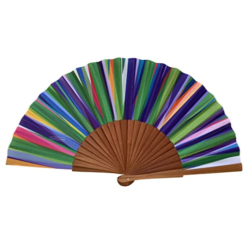 Spanischer Handfächer Mil Rayas – Holz und Baumwolle – 23 cm – Etui und Hülle aus Jute – Modeaccessoire – Handgefertigt in Spanien – Events und Geschenke – Kollektion Geometries – Tusitala Barcelona von Tusitala Barcelona