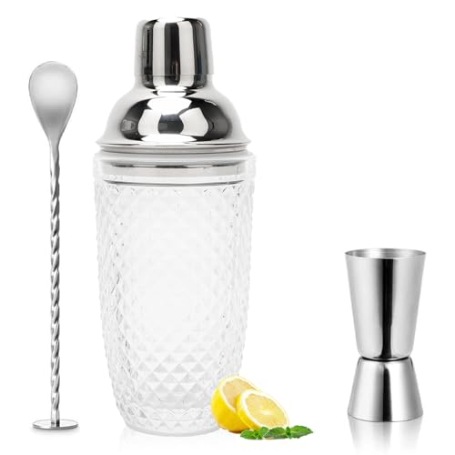 Tutamaz Glas Cocktailshaker, Cocktail Set Geschenk Klarglas Silber Cocktail Shaker Edelstahl Cocktail Shaker Mixer mit Messbecher-Deckel & Sieb Trinkbar-Set Zubehör für Bar Startseite Partei Zuhause von Tutamaz