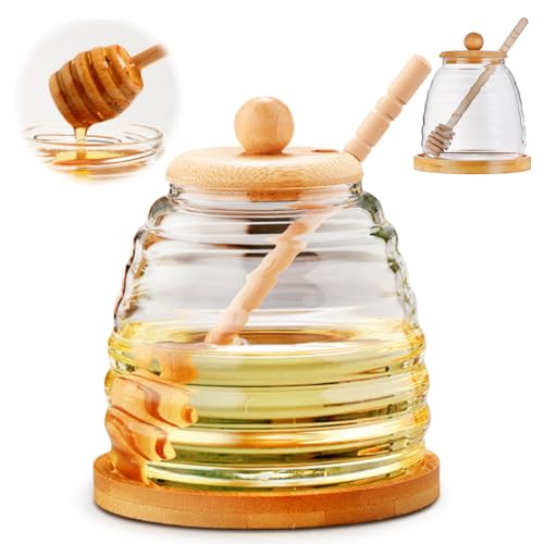 Tutamaz Honigglas mit Löffel und Deckel, 500ml Honiggläser Glas Honigtopf Honigbehälter mit Honig Löffel, Honigspender Transparentes Glas Honigdose, Glasbehälter zum Aufbewahren Honig und Sirup von Tutamaz