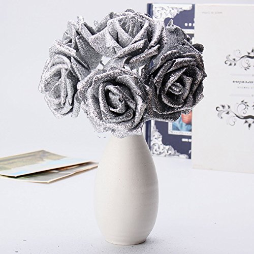 TuToy 7ST Kunst Bouquet Glitzer Schaum Kunstblumen Hochzeit Hochzeits Party Dekor DIY Rose - Silber von TuToy