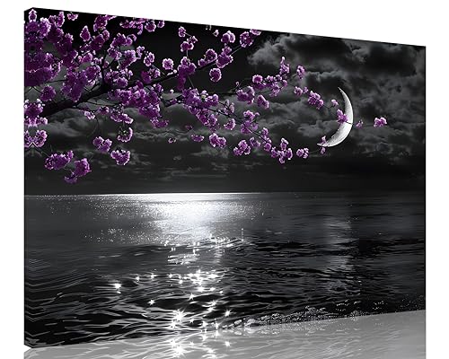 TutuBeer Lilafarbenes Bild für Schlafzimmer, Wanddekoration, Schwarz-Weiß, Meereslandschaft, Vollmond, Pflaumenfarben, Blumendruck auf Leinwand, für Heimdekoration, gespannt und gerahmt, 76,2 x 101,6 TutuBeer Lilafarbenes Bild für Schlafzimmer, Wanddekoration, Schwarz-Weiß, Meereslandschaft, Vollmond, Pflaumenfarben, Blumendruck auf Leinwand, für Heimdekoration, gespannt und gerahmt, 76,2 x 101,6 von TutuBeer