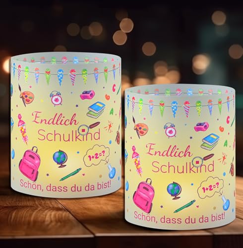 12 Windlichter Tischdeko Einschulung, Windlicht Tischdeko Papier Endlich Schulkind 2025 Mädchen, Deko Schulanfang Mädchen für Licht oder Teelicht, Teelichter, Rosa von Tutukyle