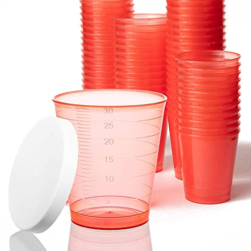 Tuuters.de 300x Medikamentenbecher, 30ml - bruchsicher, Schnapsbecher, Medizinbecher (Rot + Deckel) von Tuuters.de