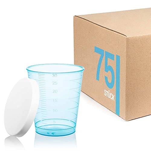 Tuuters 75 Medikamentenbecher, 30ml – bruchsicher, Schnapsbecher, Medizinbecher (Blau + Deckel) von Tuuters