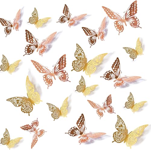 24 Schmetterlings-Wandaufkleber, 3D-Kunstwandbilder, Dekoration, 3 Größen, Schmetterlings-Wandaufkleber, koration für Party, Hochzeit, Schlafzimmer, Dekoration, Heimdekoration (Gold/Roségold) von Tuxiaobu