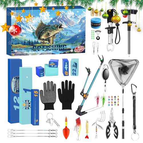 Tuxuseo Fischerei Advent Countdown Kalender | 24-tägiger Angelausrüstungs-Adventskalender Mit Rutenhalter, Fischlippenclip, Angelhakenhalter - Für Papa, Ehemann Oder Freund von Tuxuseo