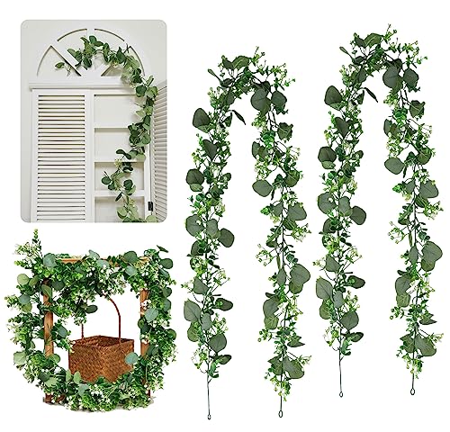 2 Stück Künstliche Girlande Eukalyptus Girlande Eukalyptus Pflanze mit Weiß Blumen Eukalyptusblätter, 1,8m Künstlich Pflanze Blume Girlande Hängende Pflanzen Blumenrebe für Hochzeit Bogen Dekoration von Tuxuzal