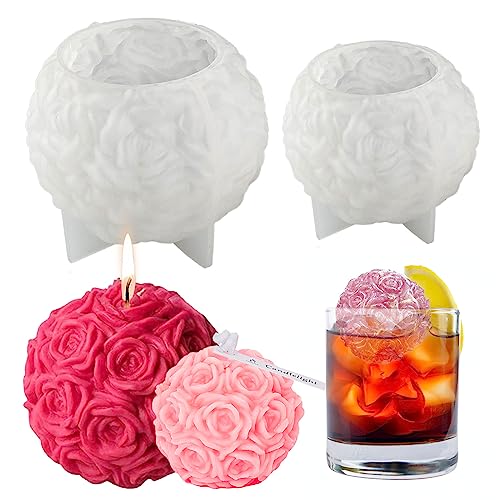 2 Stück Rosenkugel Kerzen Silikonform Rosen 3D Blumen Kerzenform Rosenkugel Kerzenformen zum Gießen Blumen Silikon Gießform Rosenkugel Eiswürfelform DIY Blumen Kerzengießformen Schokoladen Form von Tuxuzal