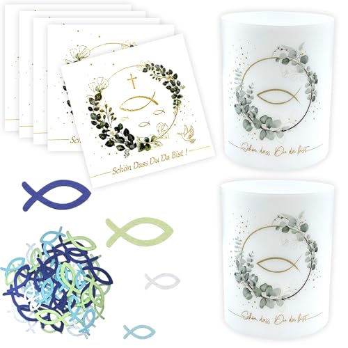 32 Stück Windlicht Tischdeko Kommunion Servietten mit Eukalyptus, 60 Stück Holzfisch Taufe Deko Kommunion Deko Junge Mädchen Geschenk, Schön Dass Du Da Bist Servietten für Hochzeit Taufe Erstkommunion von Tuxuzal