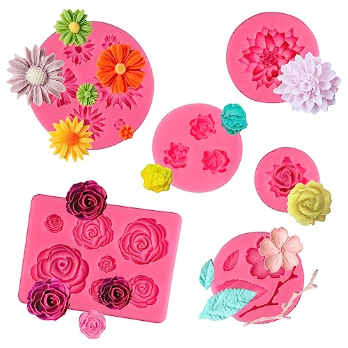 6 Stück Silikonform Fondant Mini Blumen Blätter Fondant Formen Rosen Kleine Gänseblümchen Blätter Schmetterling Fondant Kuchenform 3D Backform Silikon für Schokolade Zuckerguss Backen Dekoration von Tuxuzal