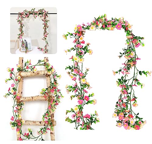 Künstliche Gänseblümchen Deko Blumengirlande Blumenrebe Rosa Gänseblümchen Blumen Girlande mit Grüne Blätter Künstliche Seidenblume Kunstblumen Hängende Reben für Hochzeit Party Wand Garten Deko von Tuxuzal