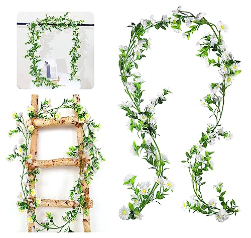 Künstliche Gänseblümchen Deko Blumengirlande Blumenrebe Weiß Gänseblümchen Blumen Girlande mit Grüne Blätter Künstliche Seidenblume Kunstblumen Hängende Reben für Hochzeit Party Wand Garten Deko von Tuxuzal