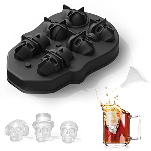 Totenkopf Eiswürfelform Schokoladenform Lustige Eiswürfelform, 3D Skull Silikon Eiswürfelform Totenkopf mit Mini-Trichter, Schwarz Ice Cube Tray Halloween Silikonform für Whiskey Cocktails Süßigkeiten von Tuxuzal