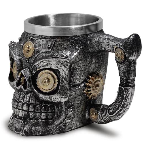 Totenkopf-Tasse, Wikinger-Trinkbecher, Edelstahl Totenkopf Drink Cup, mittelalterlicher Schädelbierkrug mit Griff, Mechanisch Totenkopf Tasse, Neuheit Geschenke für Vater, Coole Kaffeetassen von Tuzsocr