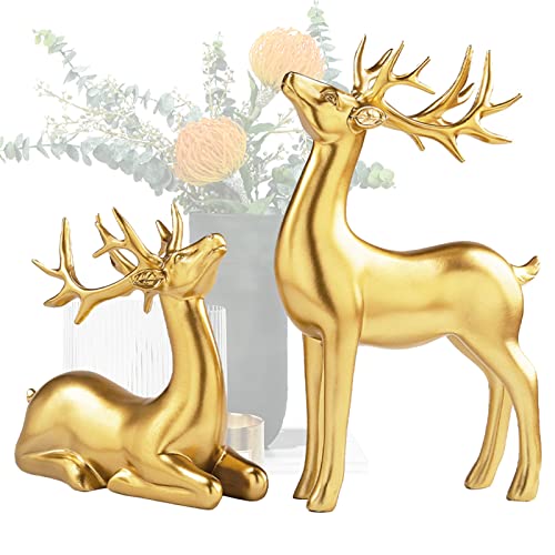 Tuzsocr 2Stück Elch Deko| Groß 25cm Figuren Aus Kunstharz Hirsch,Geliebt Statuen, Harz Ornamente Statue, Resin Sculptures Collectible Für Weihnachten, Dekofiguren Für Liebhaber (Gold) von Tuzsocr