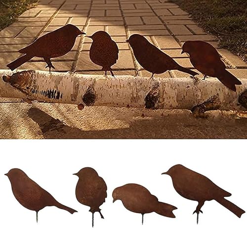 Tuzsocr 4 Rostiges Vögel Edelrost Gartenstecker Rost Deko Gartendeko Metall Vogel Für Holz Garten Dekoration (4 Vögel Type A) von Tuzsocr