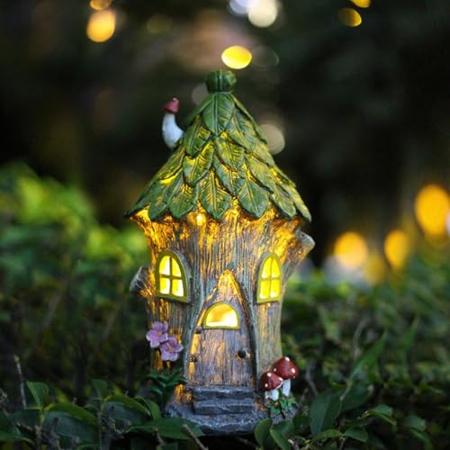 Tuzsocr Gartendeko für Draußen, Solar Feenhaus LED Gartenleuchten Pilzhaus, Fairy Tree House aus Harz, Wetterfeste Feenhäuser Deko Außen, Rasen, Hof, Terrasse, Balkon, Fensterbank, Feengarten (Stil 1) von Tuzsocr