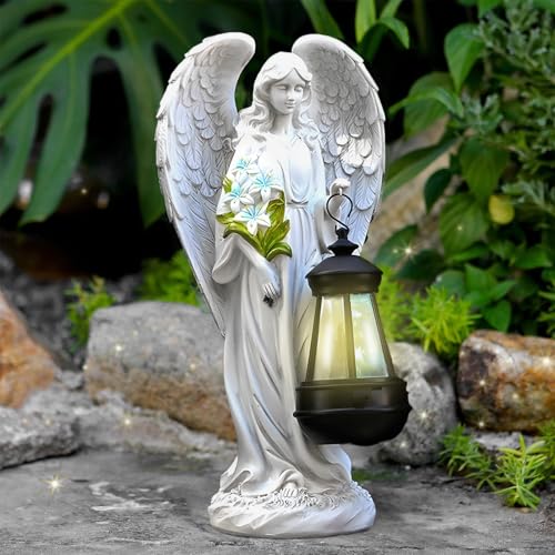 Tuzsocr Solar Engel Gartenstatuen - Schutzengel-Figur mit LED Solar Laterne,Grablicht Outdoor-Deko,Wetterfest Grabschmuck für Friedhof,Engel Skulptur Deko Rasen,Hof,Terrasse,Fensterbank, 33cm von Tuzsocr