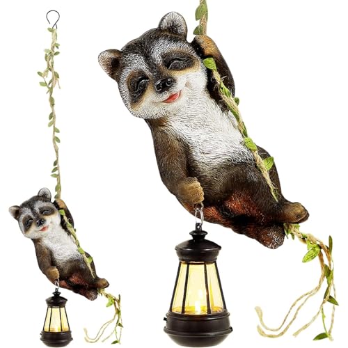 Tuzsocr Waschbär Gartenfiguren für Außen,Kletternde Waschbär Statuen mit LED Solar Laterne,Wetterfeste Solar Waschbär Skulptur,mit Schnur Griff,für Baum,Yard,Terrasse,Balkon,Tierfigur Geschenkidee von Tuzsocr