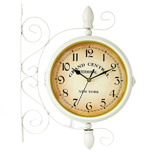 Tuzsocr Bahnhofsuhr,Doppelseitige Wanduhr 35 x 28 cm Eisen Weiss Garten Uhr von Tuzsocr