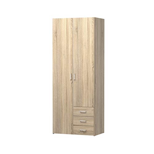 Kleiderschrank mit zwei Türen und drei Schubladen, Eichenfarbe, 77 x 49 x H200 cm von Tvilum