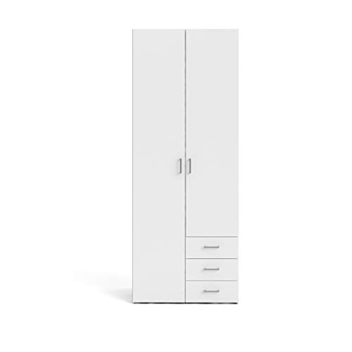 Kleiderschrank mit zwei Türen und drei Schubladen, Farbe Weiß, Maße 77 x 200 x 49,5 cm von Tvilum