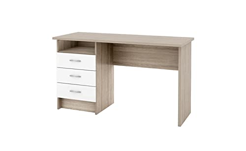 Linearer Schreibtisch mit drei Schubladen, Farbe Eiche weiß, Maße 120 x 72 x 48 cm von Tvilum
