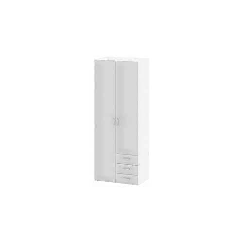 Weiß glänzender Kleiderschrank mit zwei Türen und drei Schubladen, 77,6 x 200,4 x 49,5 cm von Tvilum