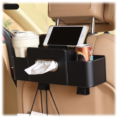 Car Multifunctional Seat Back Waterproof Storage Bag, Universal Headrest Hanging Seat Back Storage & Tissue Box, Automotive Backseat Snack Organizer Cup Holder Tray for Most Vehicle (Black) von Twaynorb