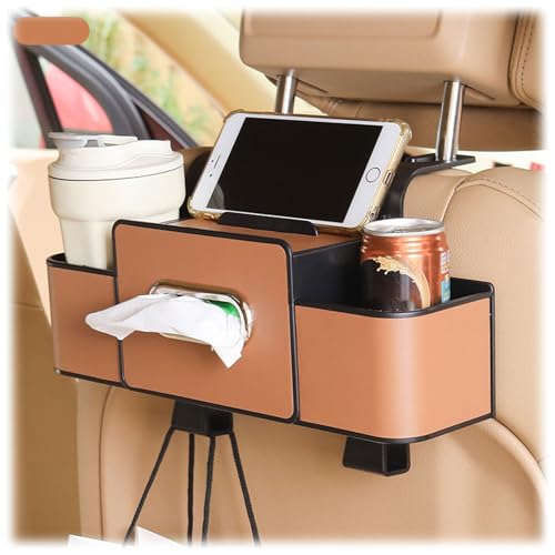 Car Multifunctional Seat Back Waterproof Storage Bag, Universal Headrest Hanging Seat Back Storage & Tissue Box, Automotive Backseat Snack Organizer Cup Holder Tray for Most Vehicle (Brown) von Twaynorb