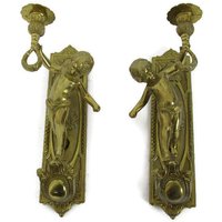 Paar Wunderschöne Wand Montiert Wandlampen Kerzenhalter Putti Cherub Engel Messing von Tweedeleven