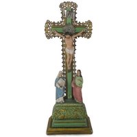 Vintage Kalvarienberg Kruzifix Christus Kreuzigung Maria Magdalena St Johannes Der Apostel Jungfrau Gips Polychrome Holz Atemberaubende 15, 74 " von Tweedeleven