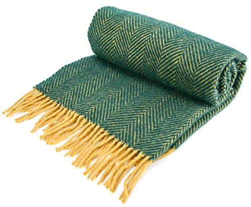 Tweedmill Textiles Fischgrätenmuster, reine Schurwolle, kniebedeckend, kleine Decke, smaragdgrün/senffarben, hergestellt in Großbritannien von Tweedmill Textiles
