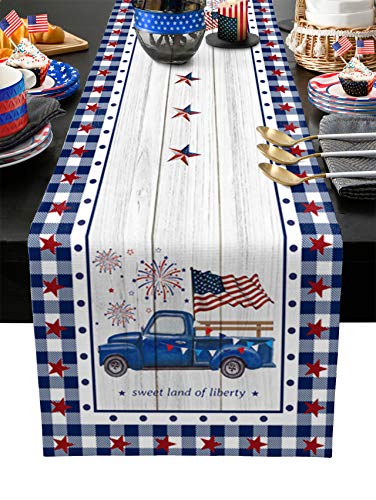 Tischläufer, Motiv: Unabhängigkeitstag, 4. Juli, USA-Flagge, rutschfest, rechteckig, Jute-Dekoration für Zuhause, Sterne, Karo, Büffelholz, Polyester-Tischdecke, 33 x 177,8 cm von TweetyBed