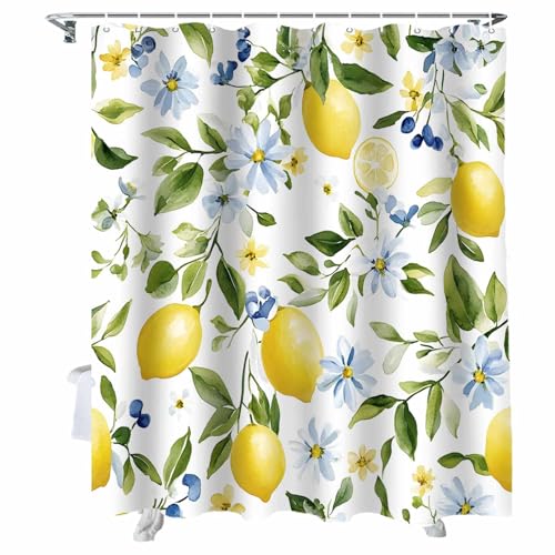 TweetyBed Duschvorhang-Set mit 12 Haken, Motiv: gelbe Zitronenblätter, Aquarell-blaue Blumen, wasserfest, Polyester-Stoff, Badezimmer-Duschvorhang-Set mit 12 Haken, Dekoration, 183 x 183 cm TweetyBed Duschvorhang-Set mit 12 Haken, Motiv: gelbe Zitronenblätter, Aquarell-blaue Blumen, wasserfest, Polyester-Stoff, Badezimmer-Duschvorhang-Set mit 12 Haken, Dekoration, 183 x 183 cm von TweetyBed